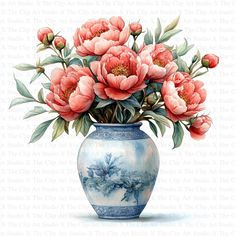 a blue and white vase filled with pink flowers