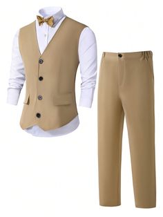 2pcs Teen Boy Gentleman Formal Suit Set, Vest & Long Pants, For Birthday Parties, Evening Parties, Weddings And Performances Khaki Party    Colorblock,Plain  Non-Stretch  Teen Boys Clothing, size features are:Bust: ,Length: ,Sleeve Length: Boys Formal Wear Teenage Modern, Vest For Teenage Boys, Elegant Beige Vest For Semi-formal Occasions, Teen Boys Formal Wear, Beige Semi-formal Suit, Beige Sleeveless Semi-formal Vest, Boys Formal Wear, Pants Elegant, Formal Suit