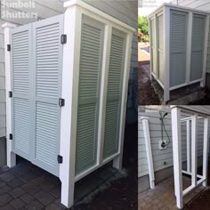 two pictures side by side of a storage shed with shutters open and closed on the outside