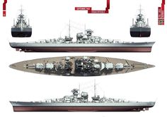 three different views of a battleship