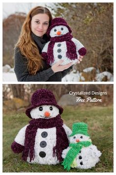 two pictures of snowmen with hats and scarfs