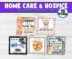 some greeting cards with the words home care and hospice written on them in different colors