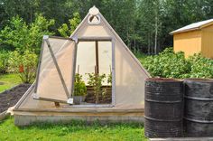 a small greenhouse in the middle of a field with barrels around it and trees in the background