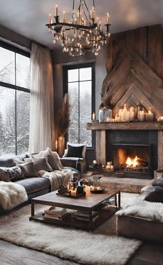 a living room filled with furniture and a fire place in front of a large window