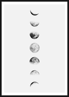 five phases of the moon are shown in black and white, against a light gray background