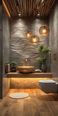 Moody Guest Bathroom Wallpaper, Tiny Powder Room Ideas Modern, Industrial Powder Room, Color Bathroom Ideas, Modern Tropical Bathroom, Moody Spa, Small Dark Bathroom Ideas, Small Moody Bathroom, Modern Bathroom Ideas Luxury