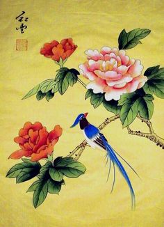 a painting of flowers and birds on a yellow background with chinese writing in the bottom corner