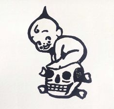 a black and white drawing of a person on a skateboard with a skull in the foreground