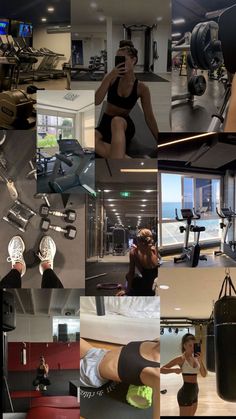 a collage of photos showing different types of gym equipment and people in the background