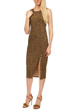 Stunning and understated| this Michael Kors midi dress features a sleek fit and slit with trimwith decorative buttons.| Approx. 47 from center back neck to hem| Falls below the knee to lower calf| Scoop neckline; Midi silhouette| Pullover styling| Slit at left with decorative buttons Midi Dress Brown, Tier Dress, Review Dresses, Michael Kors Dresses, Decorative Buttons, Sweater Set, Faux Wrap Dress, Womens Midi Dresses, Michael Kors Black