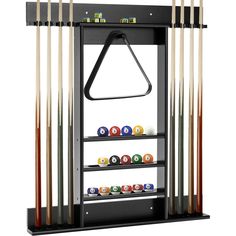 a rack with pool cues, cues and balls hanging from it's sides