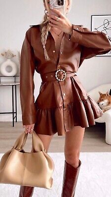 Brown Leather Dress Outfit, Faux Leather Dress Outfit, Brown Faux Leather Dress, Leather Dress Outfit, Brown Leather Dress, Zara Outfit, Zara New, Faux Leather Dress, Brown Dress