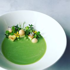 a white bowl filled with green soup and garnish