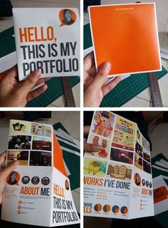 there are four pictures of someone holding up a brochure that says hello, this is my portfolio