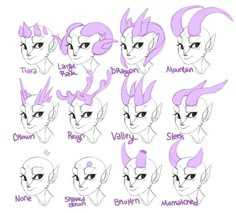 an image of different types of hair for the cartoon character's face and head