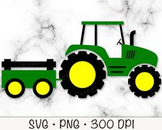 a green tractor with yellow wheels on a white marble background that says svg - png - 300 dpi