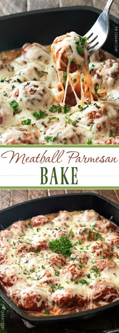 two images showing different types of meatball parmesan bake