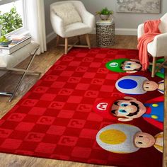 a red rug with cartoon characters on it in a living room next to a chair