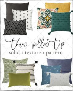 pillows and pillow covers with text that says, free pillow top solid + texture + pattern