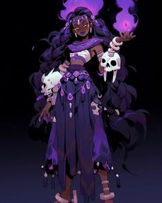 a woman with purple hair holding a skull in her right hand and two skulls on her left