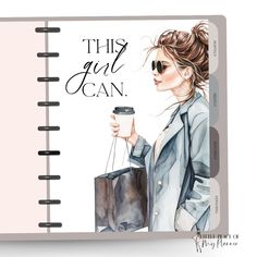 a spiral notebook with an illustration of a woman holding a coffee cup and shopping bags