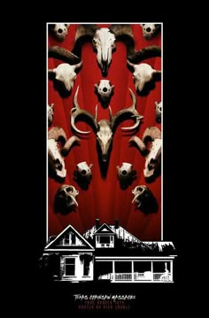 an image of some animal heads on a red and black background with a house in the background