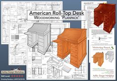 an american roll - top desk is shown with plans and instructions to make it work