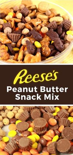 peanut butter lover's snack mix in a bowl with the words reeses on it