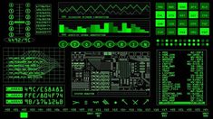 a computer screen with green lights on it and various electronic components in the dark background