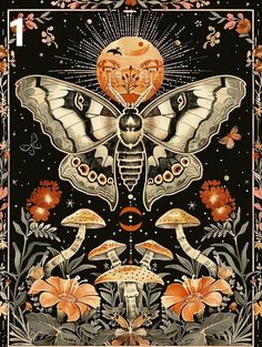 a painting of a butterfly with flowers and butterflies on it's wings, surrounded by mushrooms