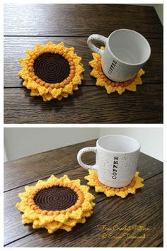 crocheted coasters with coffee cup on them are shown in three different views