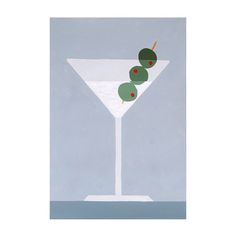 a painting of a martini glass with olives on the rim