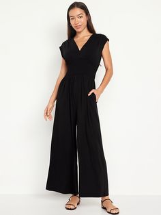 Waist-Defined Shirred Jumpsuit | Old Navy Emily Outfit, Black Jumpsuit Outfit, Jumpsuits Elegant, Colorful Romper, Elegant Rompers, Beach Rompers, Teacher Wardrobe, Petite Jumpsuit, Jumpsuit For Women