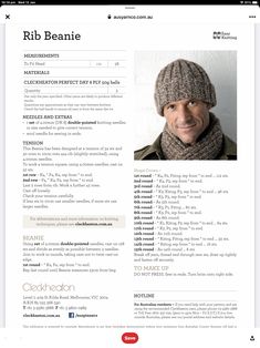 a man wearing a knitted hat and scarf on top of a white page with the words rib beanie