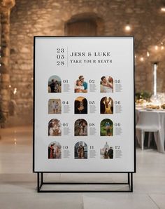 a wedding seating chart with pictures on it