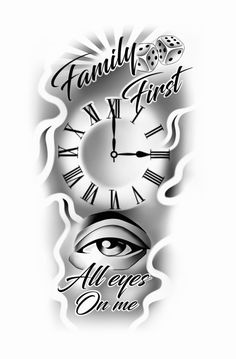 a clock with the words family first and an eye on it's face is shown