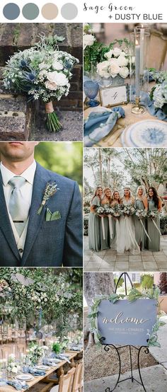 a collage of different pictures with flowers and greenery on them, including an outdoor table