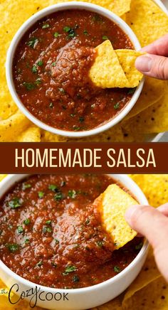 A collage of homemade salsa with a chip being dipped into it. Csid Recipes, Hot Salsa Recipes, Marshmallow Recipes, Blender Salsa, Salty Marshmallow, Mexican Salsa Recipes, Fresh Salsa Recipe