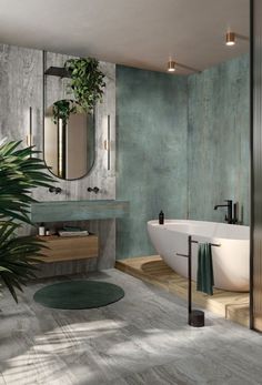 a bath room with a tub a mirror and a potted plant in the corner