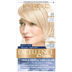 L'Oreal Paris Excellence Non-Drip Crème - 01 Extra Light Ash Blonde - 1 Kit Light Ash Blonde Hair, Natural Ash Blonde, Grey Hair Coverage, Blonde Makeup, Ash Blonde Hair Colour, Grey Blonde, Colored Hair Tips, At Home Hair Color, Dyed Blonde Hair