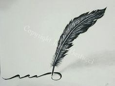 a black and white drawing of a feather quill with the word love written on it