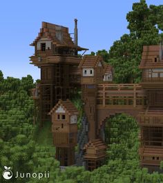 Minecraft build of a small collection of medieval styled houses built on stilts, overlooking a dense forest. Minecraft Dark Oak Forest, Forest Minecraft House, Dark Oak Forest, Forest Village, Wood Forest, Dense Forest, Minecraft Castle