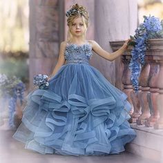 Dusty Blue Flower Girl, Girl Dresses Kids, Tulle Ruffle Dress, Blue Flower Girl, Dusty Blue Dress, Kids Pageant, Flower Gown, Flower Girl Dresses Blue, Blue Flower Dress