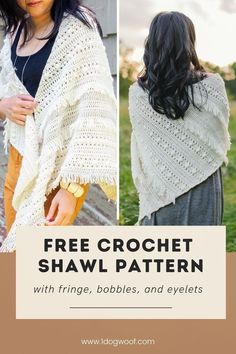 the free crochet shawl pattern with fringes, bubbles and eyelets