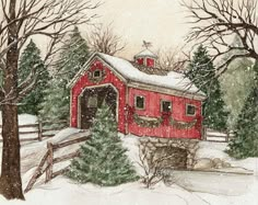 a painting of a red barn in the snow with trees around it and a fence