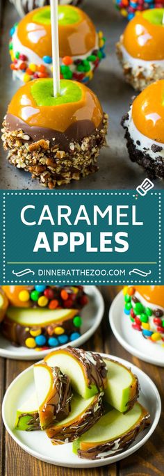 caramel apples are topped with chocolate and candy