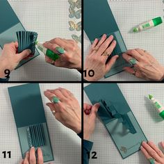 four pictures showing how to make an origami box with scissors and glues