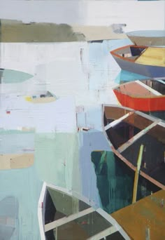 an abstract painting of boats in the water