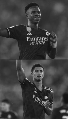 two different shots of soccer players in black and white, one with his arm up