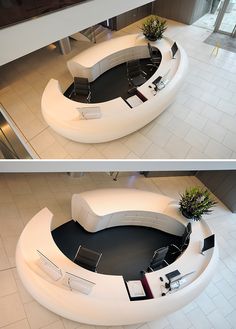 two images of an office with curved desks and planters in the center,